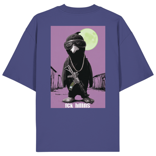 Pingstas FCK HMNS Oversize Shirt lila — Frontprint bewaffneter Pinguin mit Vollmond, Bio-Baumwolle