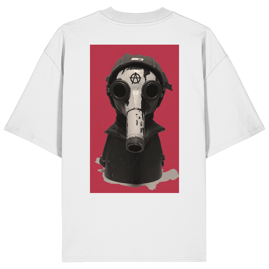 Pingstas Anarcho Mask Oversize Shirt weiß — Backprint Pinguin mit Gasmaske und Anarchie-Symbol, Bio-Baumwolle