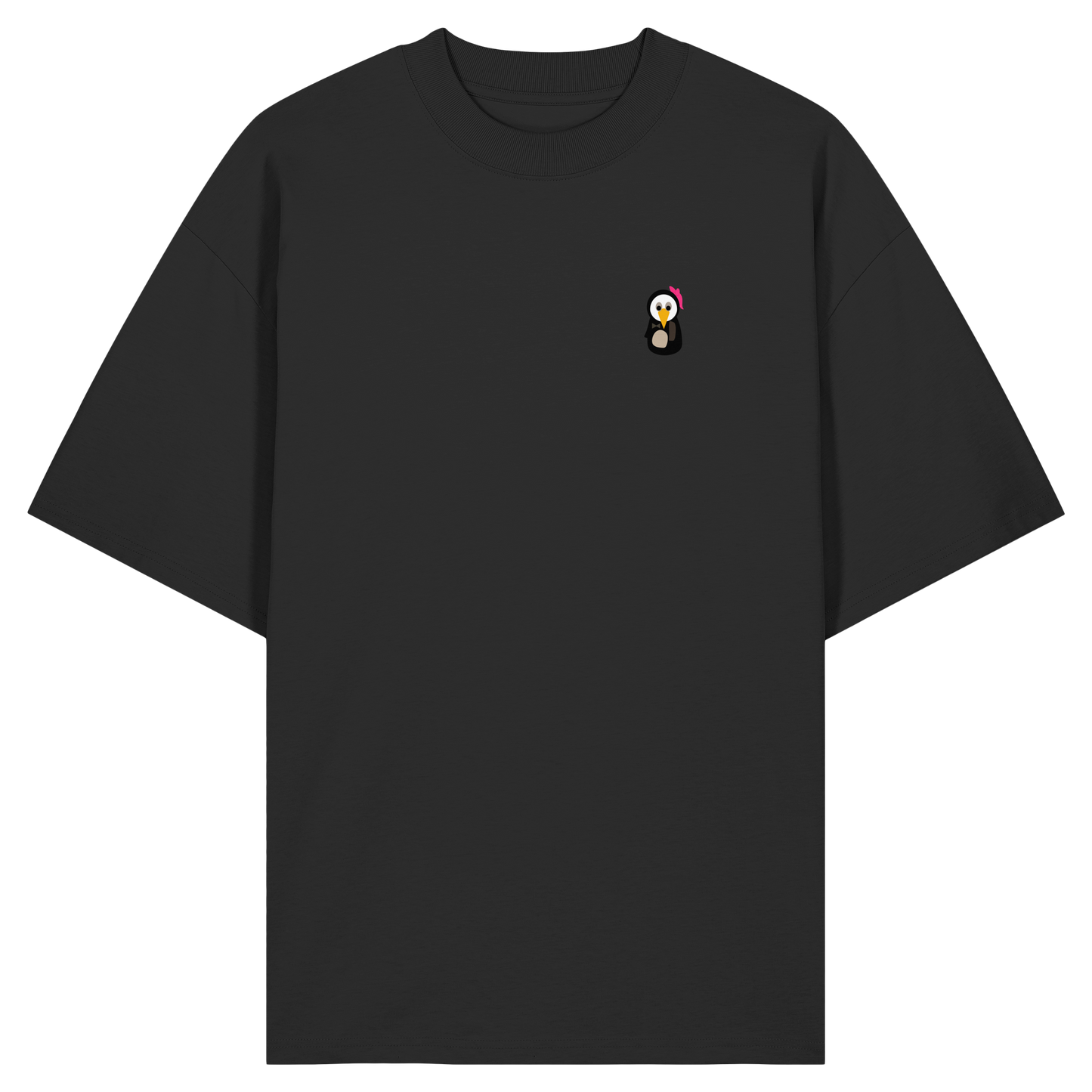 alt="Pingstas OG Pingsti Oversize Shirt schwarz — Vorderansicht mit kleinem Pinguin-Print auf der Brust"