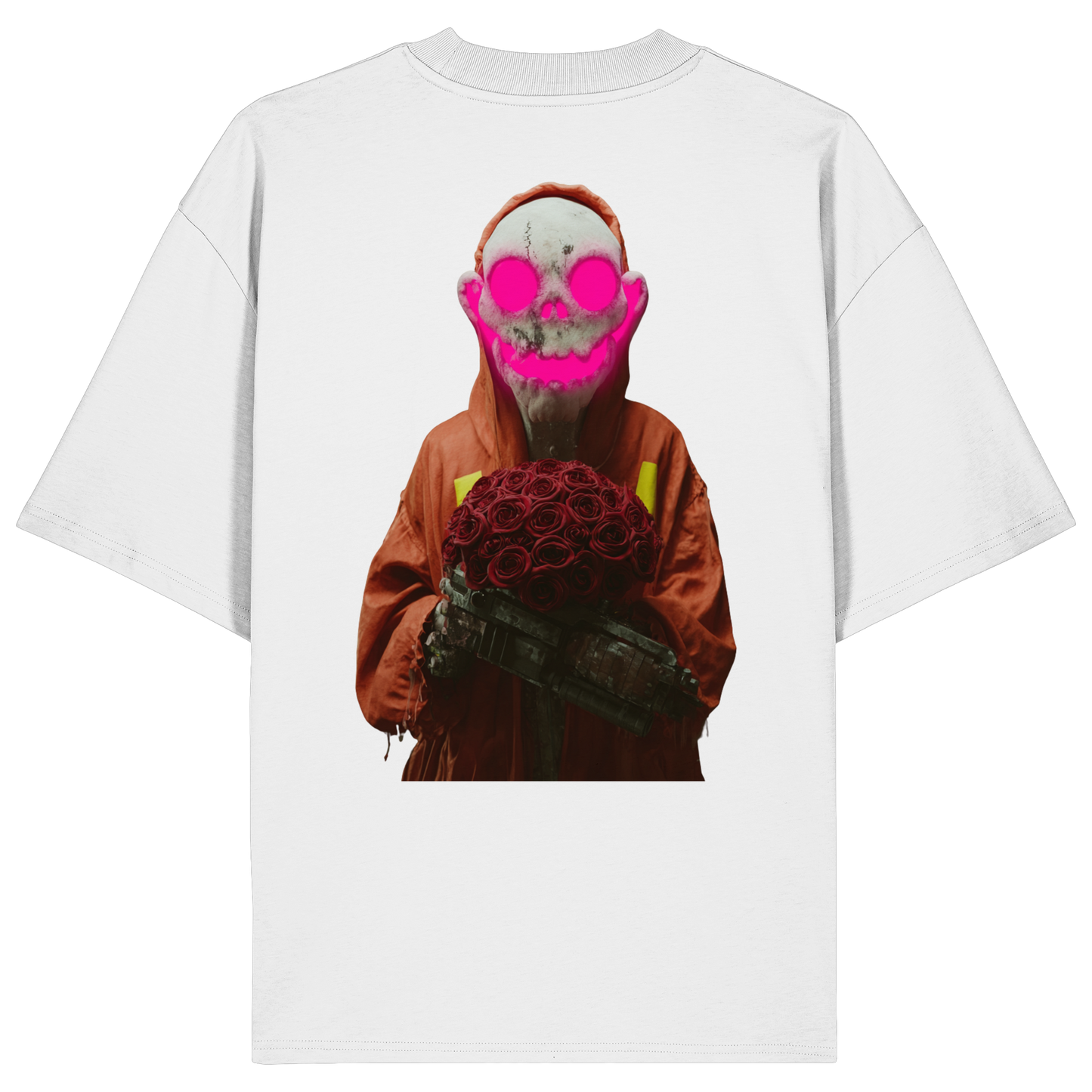 Pingstas Bad Pink Vibes Oversize Shirt weiß — Frontprint Skelett-Figur mit Rosen und pinker Totenkopf-Maske, Bio-Baumwolle