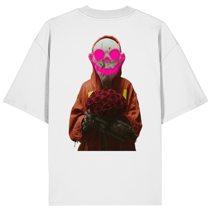 Pingstas Bad Pink Vibes Oversize Shirt weiß — Frontprint Skelett-Figur mit Rosen und pinker Totenkopf-Maske, Bio-Baumwolle