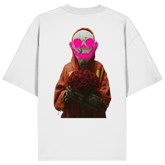 Pingstas Bad Pink Vibes Oversize Shirt weiß — Frontprint Skelett-Figur mit Rosen und pinker Totenkopf-Maske, Bio-Baumwolle