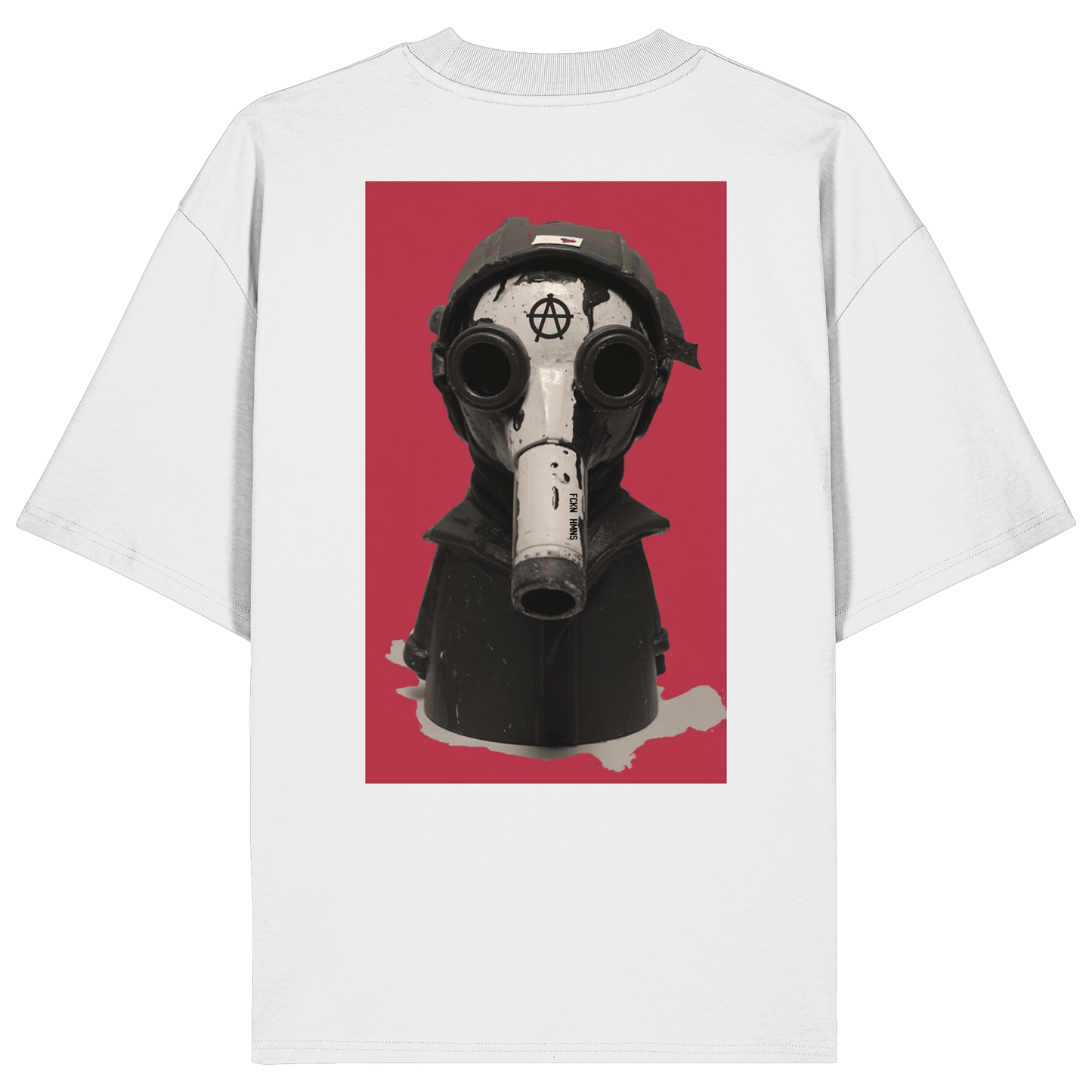 Pingstas Anarcho Mask Oversize Shirt weiß — Backprint Pinguin mit Gasmaske und Anarchie-Symbol, Bio-Baumwolle