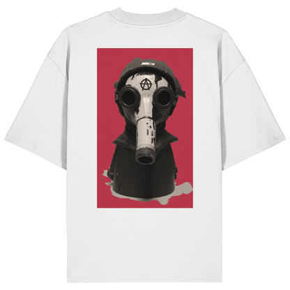 Pingstas Anarcho Mask Oversize Shirt weiß — Backprint Pinguin mit Gasmaske und Anarchie-Symbol, Bio-Baumwolle