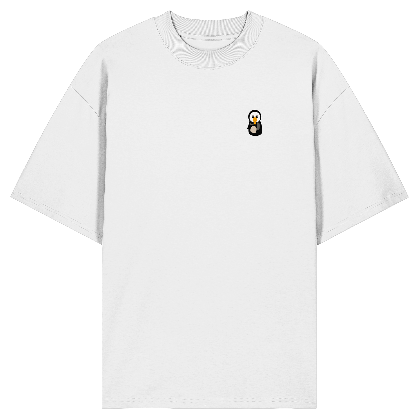 Pingstas Anarcho Mask Oversize Shirt weiß — Vorderansicht mit kleinem Pinguin-Emblem auf der Brust