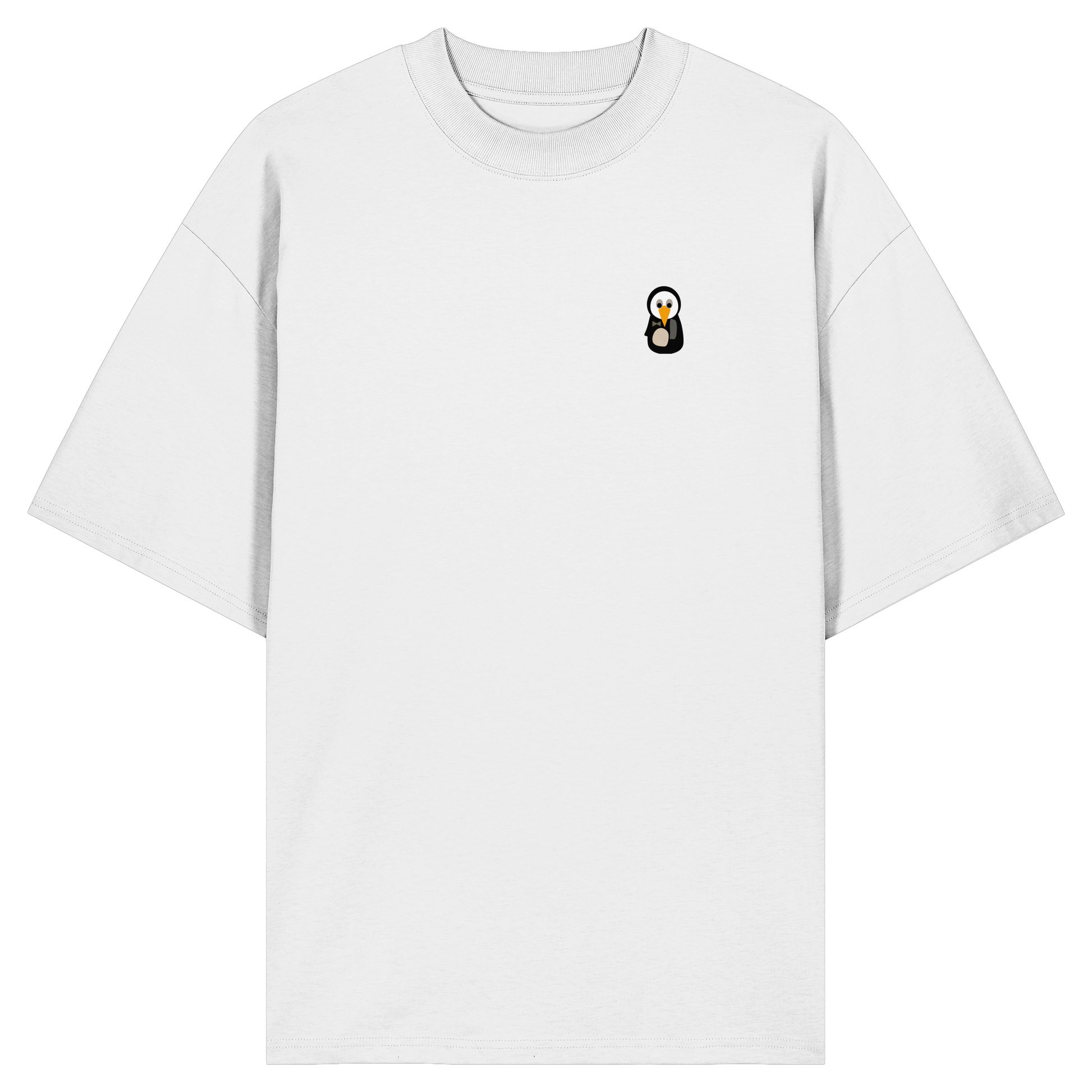 Pingstas Anarcho Mask Oversize Shirt weiß — Vorderansicht mit kleinem Pinguin-Emblem auf der Brust