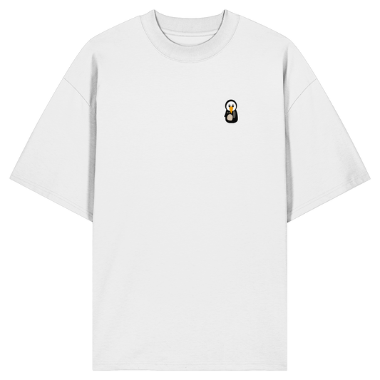 Pingstas Anarcho Mask Oversize Shirt weiß — Vorderansicht mit kleinem Pinguin-Emblem auf der Brust