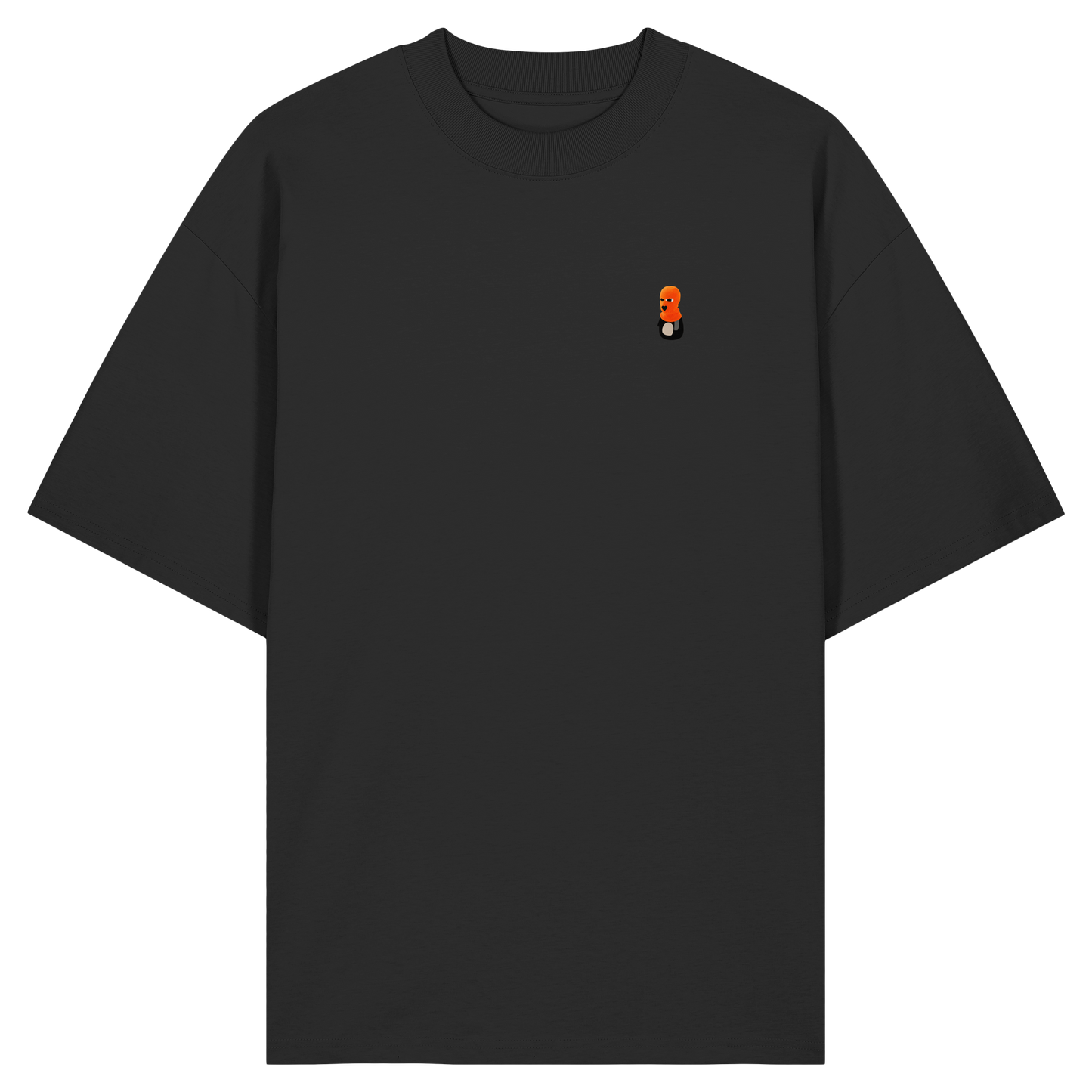 Die Vorderansicht eines schwarzen Oversized-T-Shirts mit Rundhalsausschnitt und weiten Ärmeln. Auf der linken Brust befindet sich ein kleiner, minimalistischer Print eines Pinguin-Charakters mit einem markanten orange-roten Kopf-Element beziehungsweise einer orangefarbenen Haube. Das Produktbild ist vor einem transparenten, karierten Hintergrund freigestellt