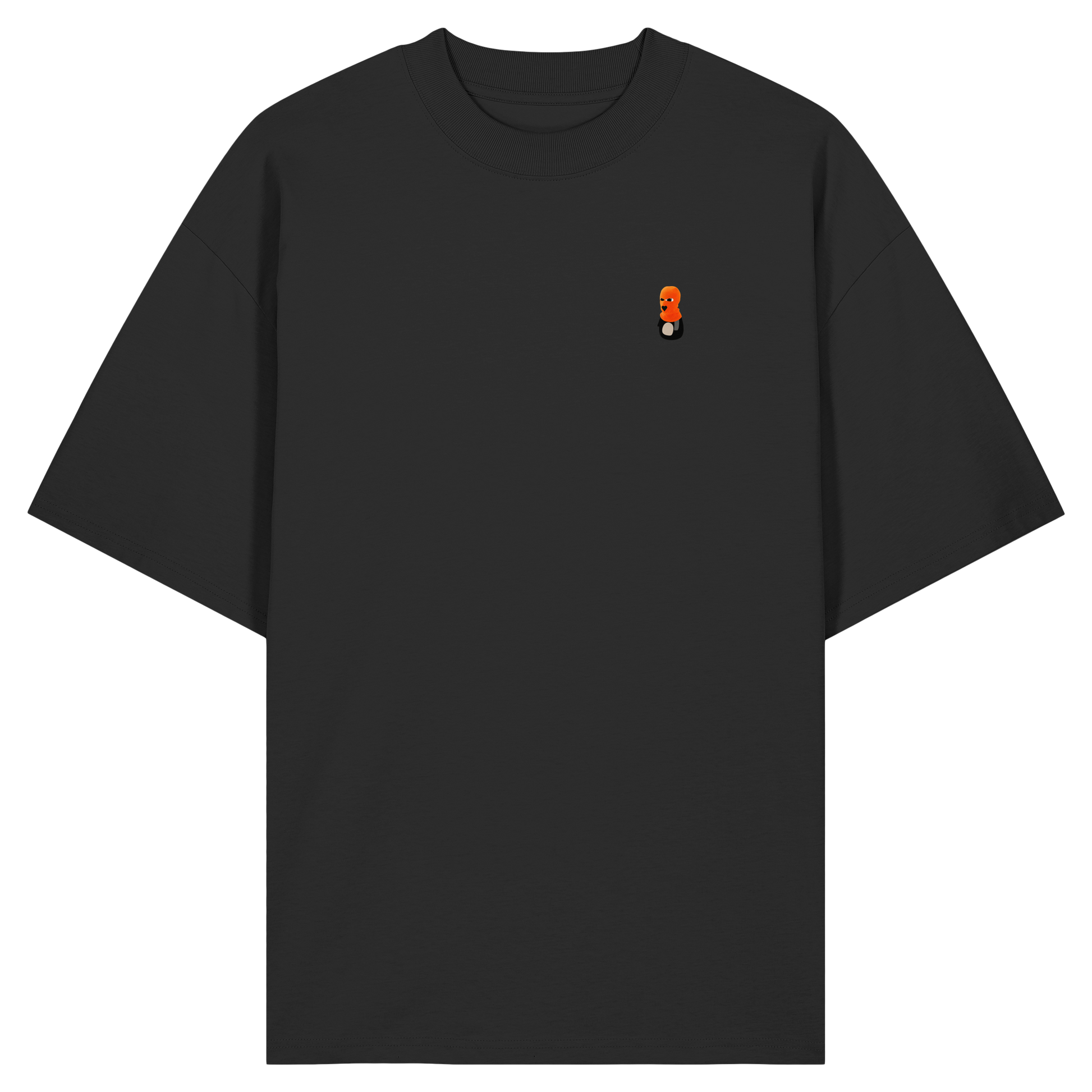 Die Vorderansicht eines schwarzen Oversized-T-Shirts mit Rundhalsausschnitt und weiten Ärmeln. Auf der linken Brust befindet sich ein kleiner, minimalistischer Print eines Pinguin-Charakters mit einem markanten orange-roten Kopf-Element beziehungsweise einer orangefarbenen Haube. Das Produktbild ist vor einem transparenten, karierten Hintergrund freigestellt
